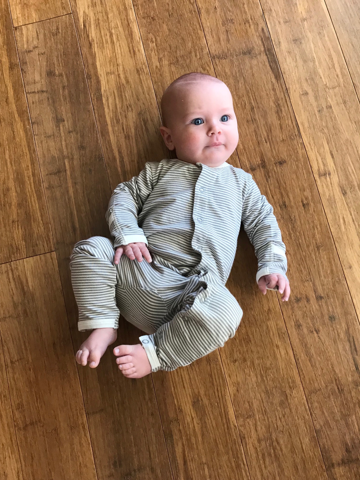 Fine Grey and Natural Striped Bamboo Baby Grow